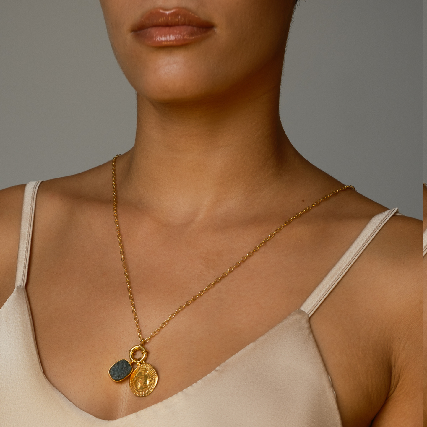 Gold Capricorn zodiac charm necklace with Moss Agate elemental crystal. Earth sign jewelry for grounding, growth & abundance.