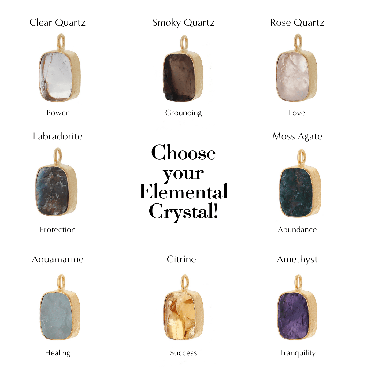 8 elemental crystal charms: Clear, Smoky, Rose Quartz, Labradorite, Moss Agate, Aquamarine, Citrine, Amethyst. Spiritual healing jewelry for meditation, reiki, yoga, gifts.