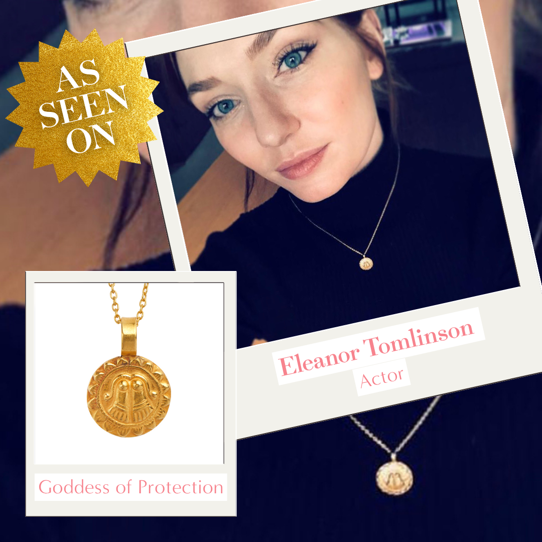 Eleanor Tomlinson wearing Goddess of Protection charm, gold vermeil, empowering, spiritual jewelry
