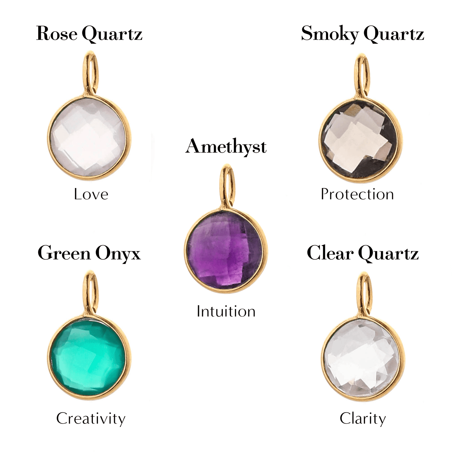 Goddess Charms Gold Power Stones to enhance your chosen charm with additional energetic properties. Rose Quartz Crystal for Love, Smoky Quartz for Protection, Green Onyx for Creativity, Amethyst for intuition, Clear or Raw Quartz for clarity. Add them to your favourite charm or chain to create a bespoke necklace of your design. These make excellent gifts and can even be made into earrings. For the Goddess, Spiritual Seeker, Yogi & Yogini, Divine Masculine & Feminine.