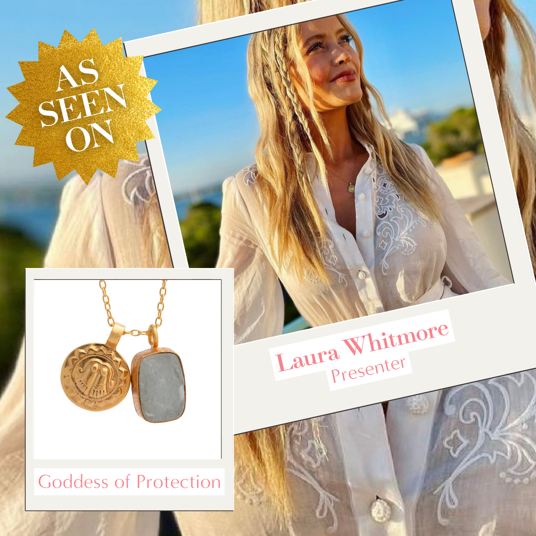 Laura Whitmore wearing Goddess of Protection charm, gold vermeil, empowering, spiritual jewelry