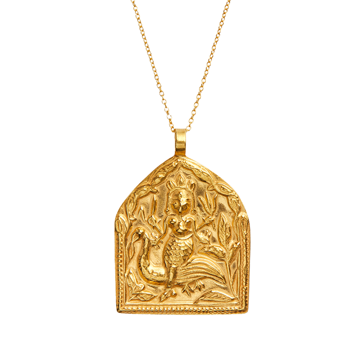 Handmade gold Saraswati Goddess of Creativity charm. Sacred spiritual jewelry pendant, Hindu deity for wisdom, art, music.