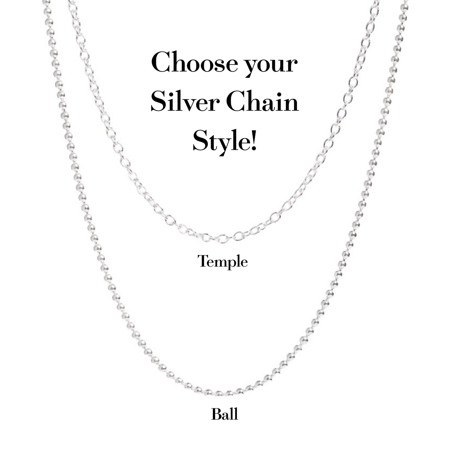 Customizable chain necklace from Goddess Charms featuring mix-and-match sterling silver and vermeil chains in Short (42cm), Medium (52cm) and Long (72cm) lengths. They are designed to pair with a spiritual power stone pendants and charm of your choice  for a personalized jewelry/jewellery collection. There are two options available, a ball chain and a temple chain link.