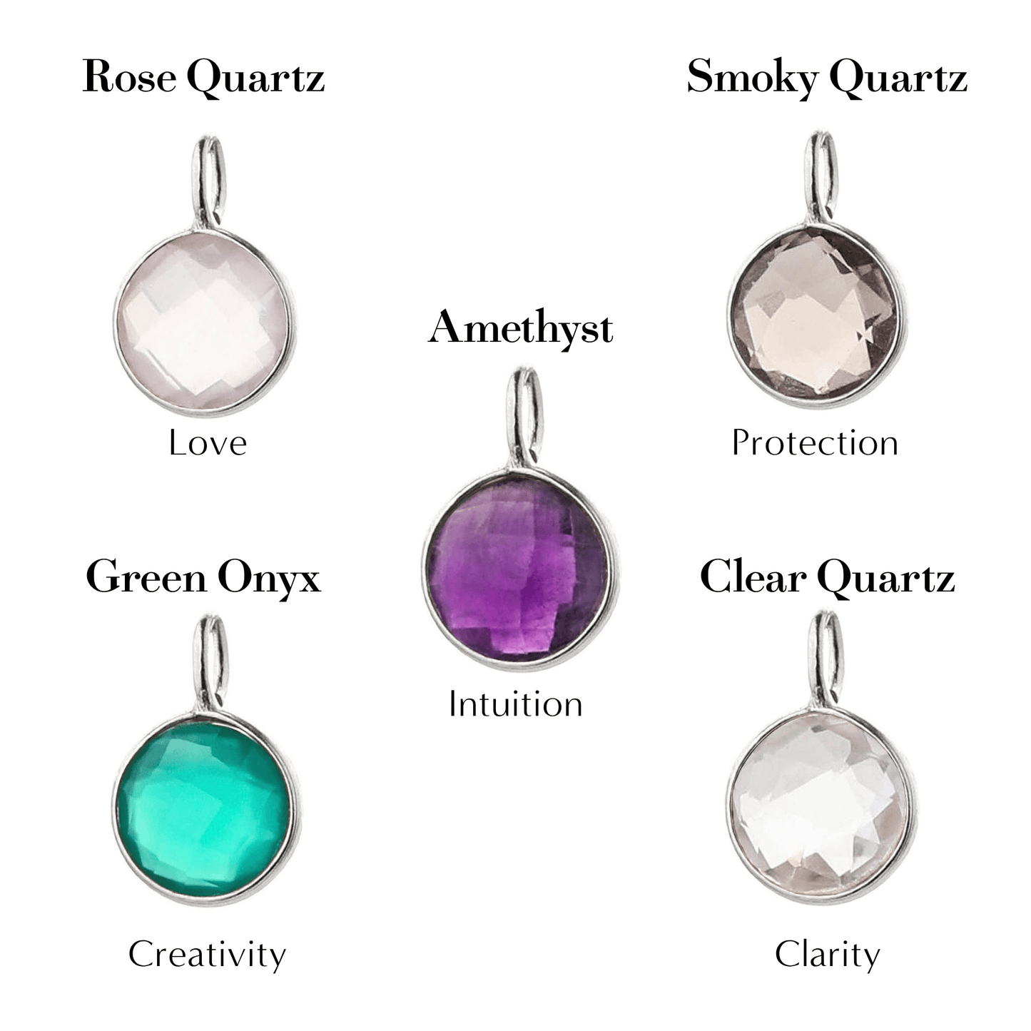 Goddess Charms Silver Power Stones to enhance your chosen charm with additional energetic properties. Rose Quartz Crystal for Love, Smoky Quartz for Protection, Green Onyx for Creativity, Amethyst for intuition, Clear or Raw Quartz for clarity. Add them to your favourite charm or chain to create a bespoke necklace of your design. These make excellent gifts and can even be made into earrings. For the Goddess, Spiritual Seeker, Yogi & Yogini, Divine Masculine & Feminine.