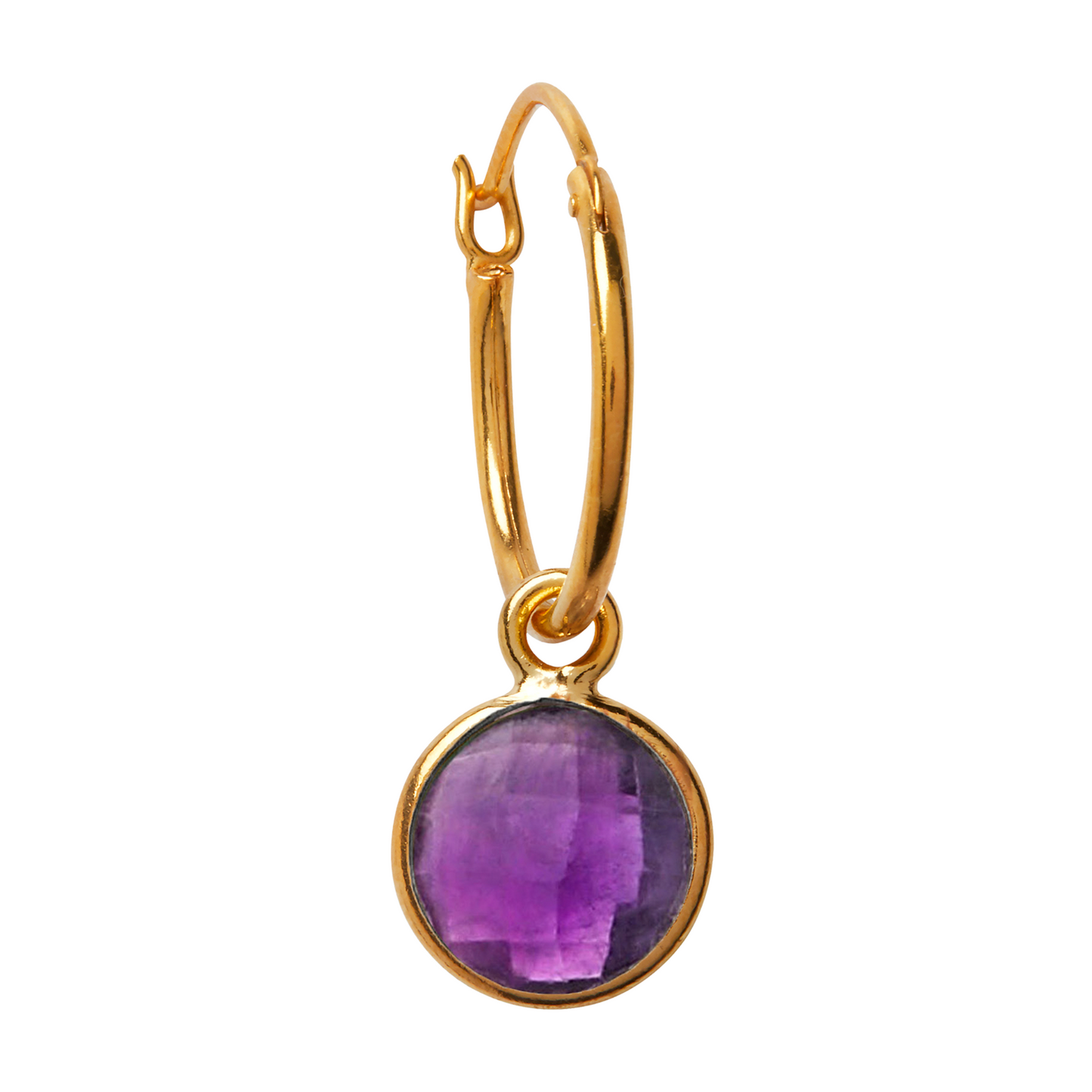 A round amethyst crystal gemstone on a white background hanging from a Gold vermeil over sterling silver hoop earring.