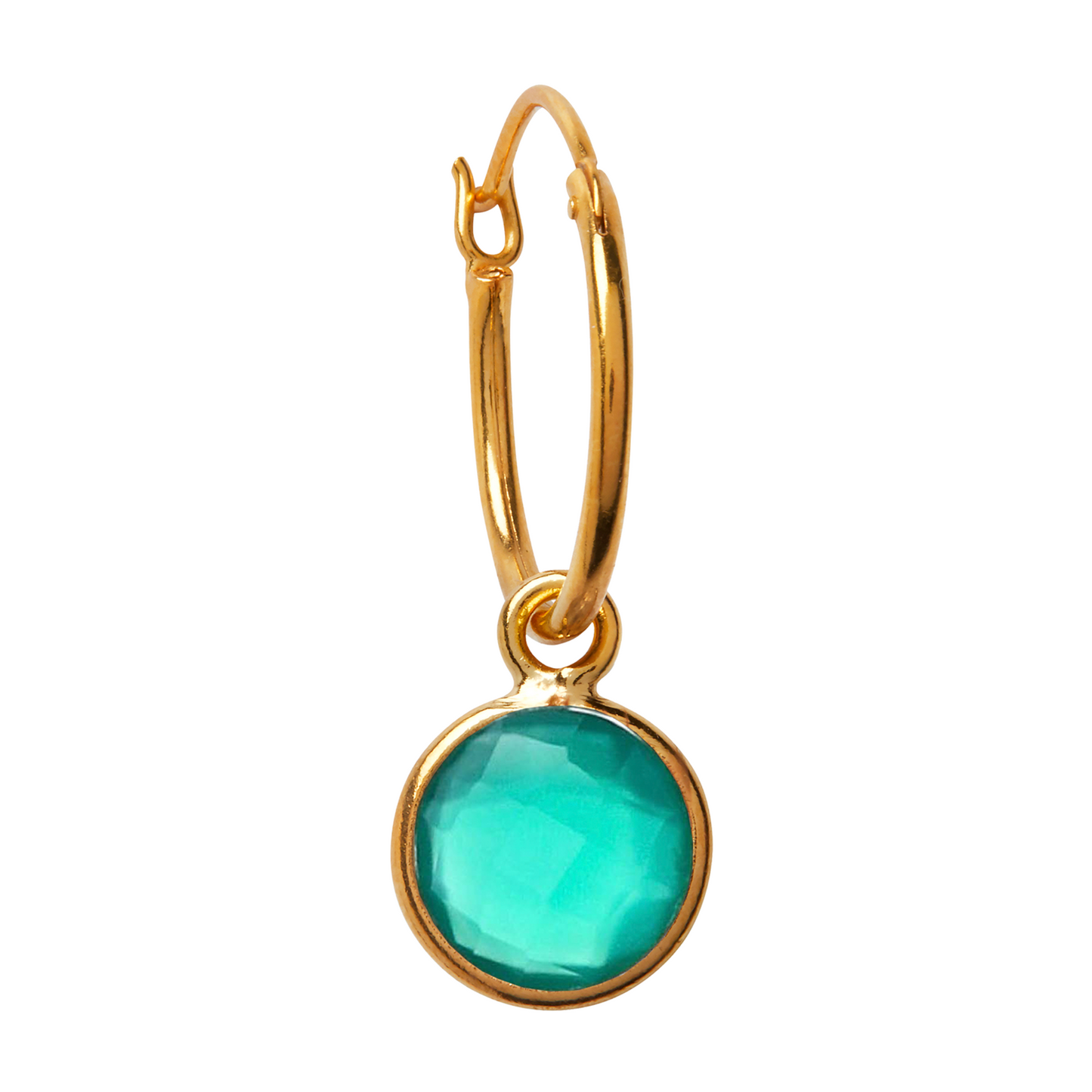 A round green onyx crystal gemstone on a white background hanging from a Gold vermeil over sterling silver hoop earring.