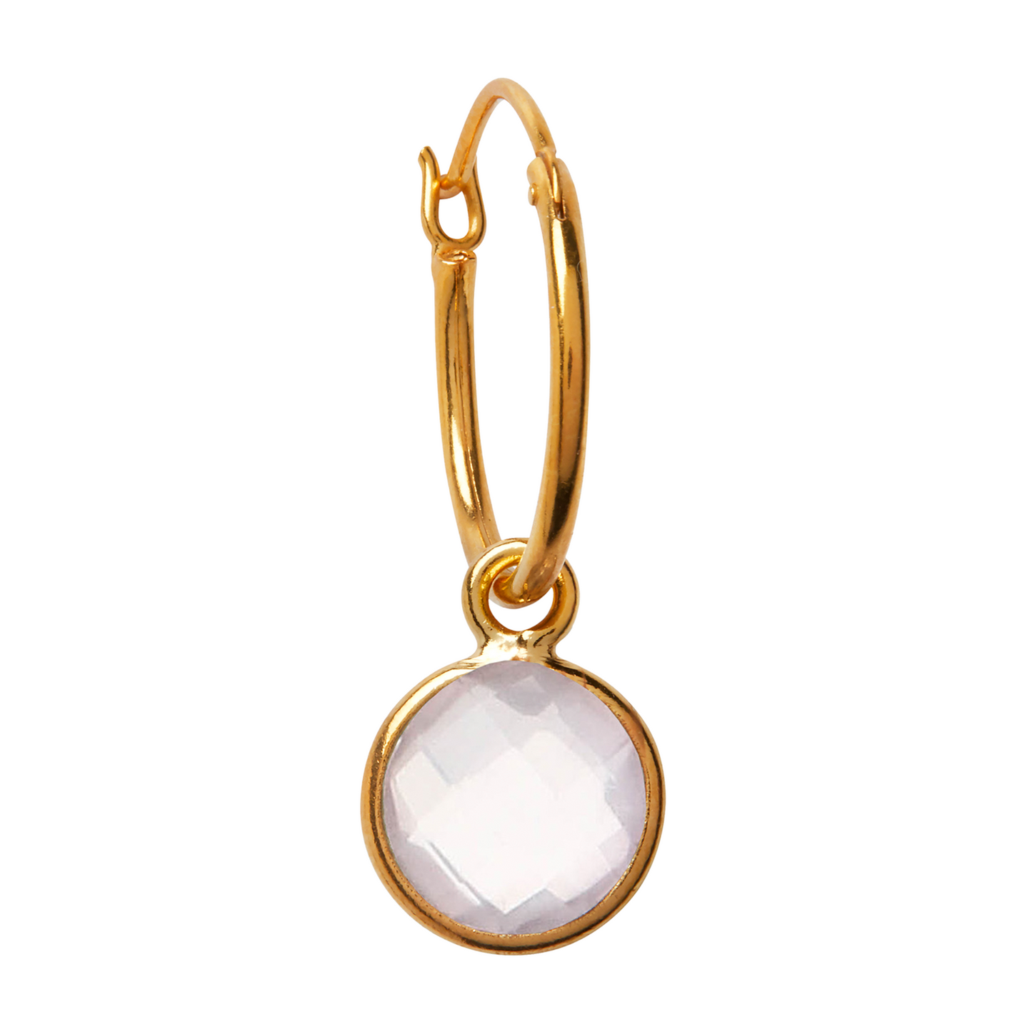 A round rose quartz crystal gemstone on a white background hanging from a Gold vermeil over sterling silver hoop earring.