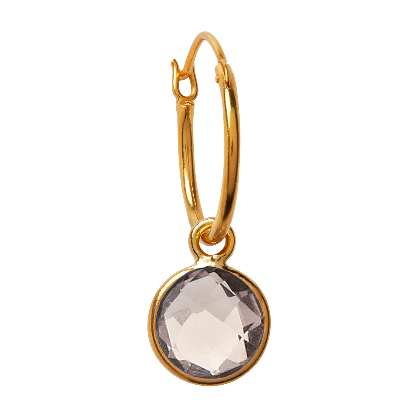 A round smoky quartz crystal gemstone on a white background hanging from a Gold vermeil over sterling silver hoop earring.