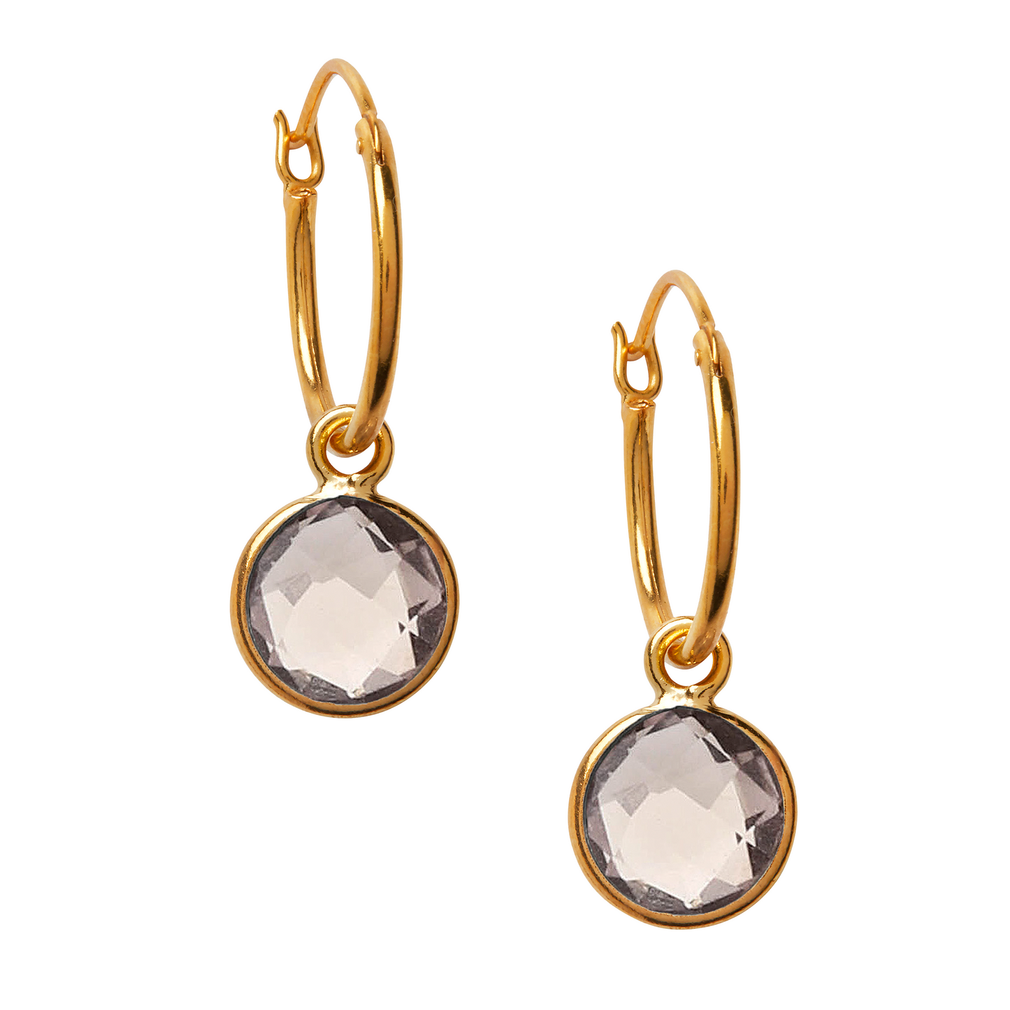 A single gold vermeil hoop featuring a round smoky quartz crystal stone suspended from small hoop earring.
