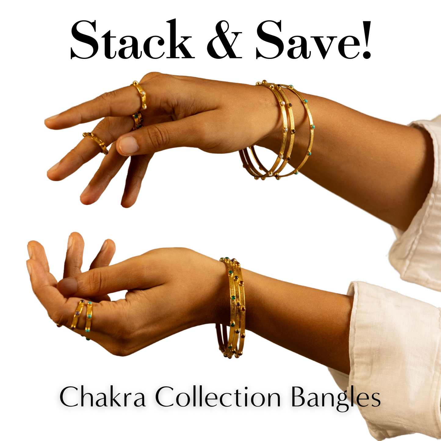 Two hands wearing a stack of 3 Chakra Collection gold bangles on each wrist with a white background.