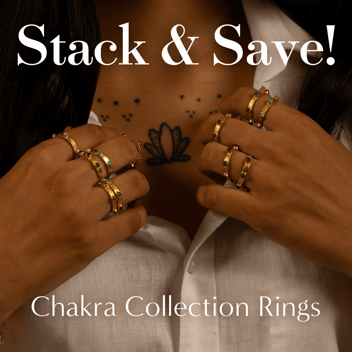 Hands wearing a stack of our Chakra Collection gold rings showing how elegant and timeless they are on theirown & stacked.
