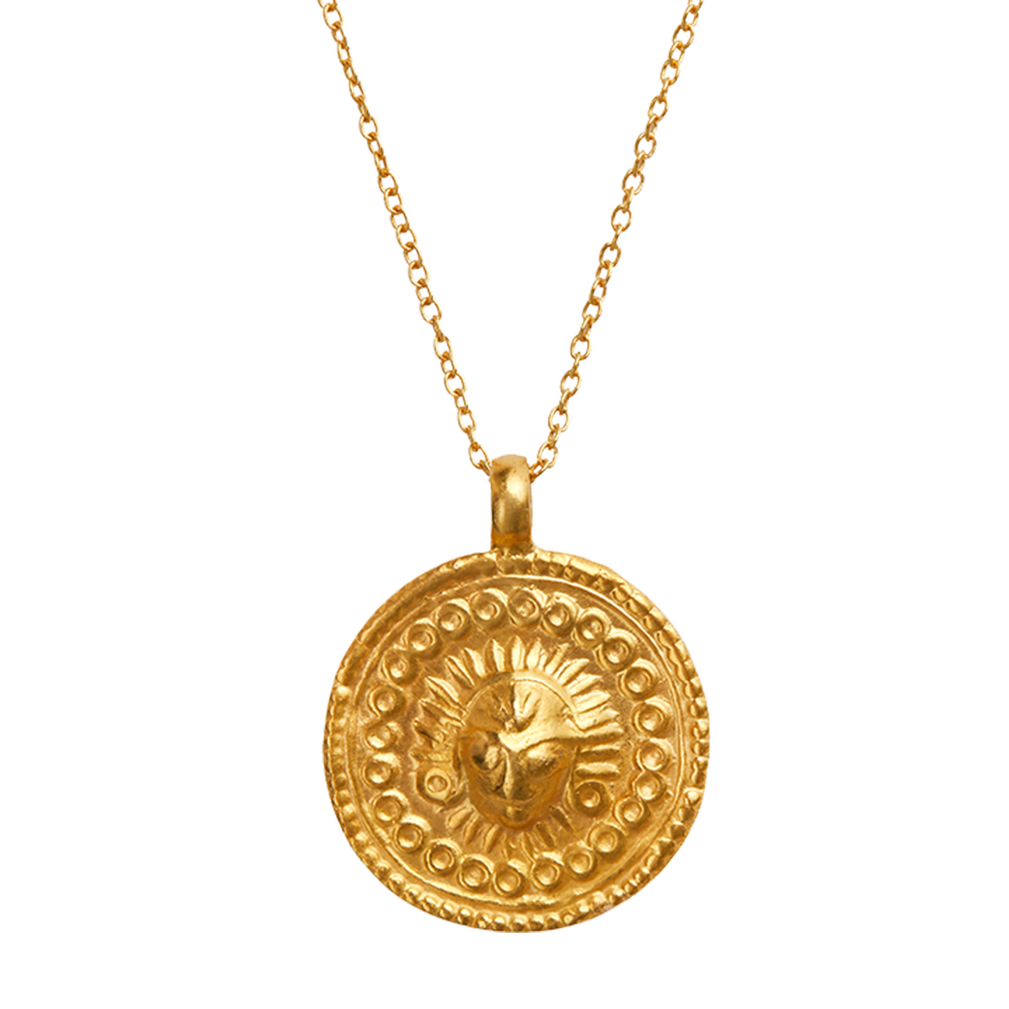 A gold vermeil charm necklace featuring a circular pendant with embossed details around a sunin the center, suspended from a gold chain. The sun symbol represents the Hindu Sun God Surya aka Aditya, considered the creator of the universe and the source of all life.
