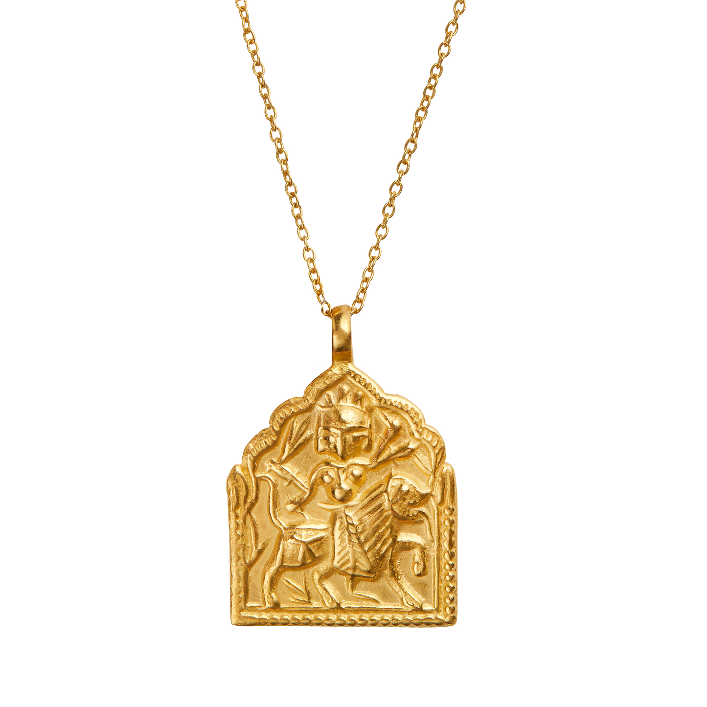 A gold vermeil charm of Durga Maa the Warrior Goddess riding a lion. Meditation, yoga, strength, reiki, healing.