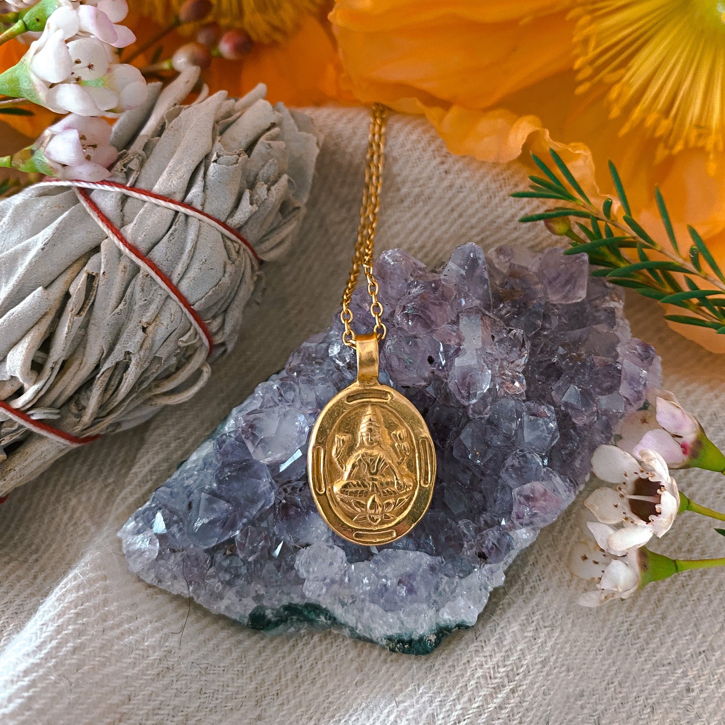 Handmade gold Lakshmi Goddess of Abundance charm. Sacred spiritual jewelry pendant, Hindu deity for prosperity & wealth.