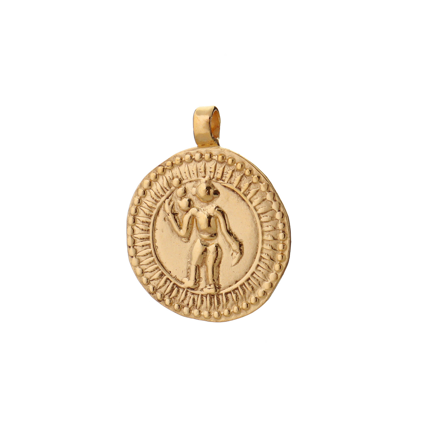 An ancient talisman created from replicas of Mughal empire coins of figure stand in front of a golden sun depicting the Zodiac sign of Aquarius