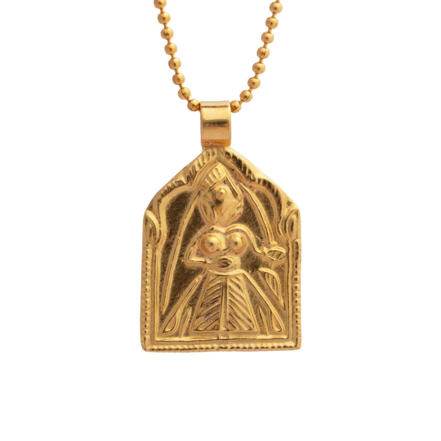 Gold Shila Devi charm pendant depicting the Goddess of Victory and protection, revered in Rajasthan for triumph and invincibility.