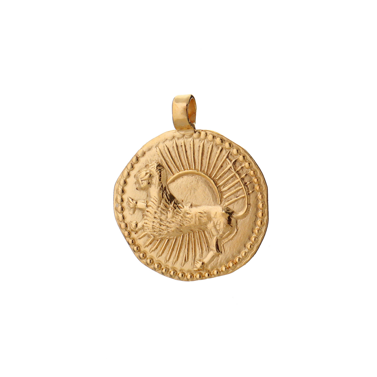 A golden talisman replica of Mughal empire coins depicting a roaring lion, the kind of the Zodiac