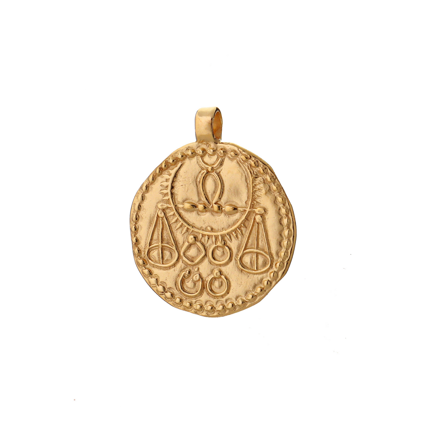 A gold talisman charm of an ancient Mughal empire coin depicting a scale and sun representing the Zodiac sign Libra