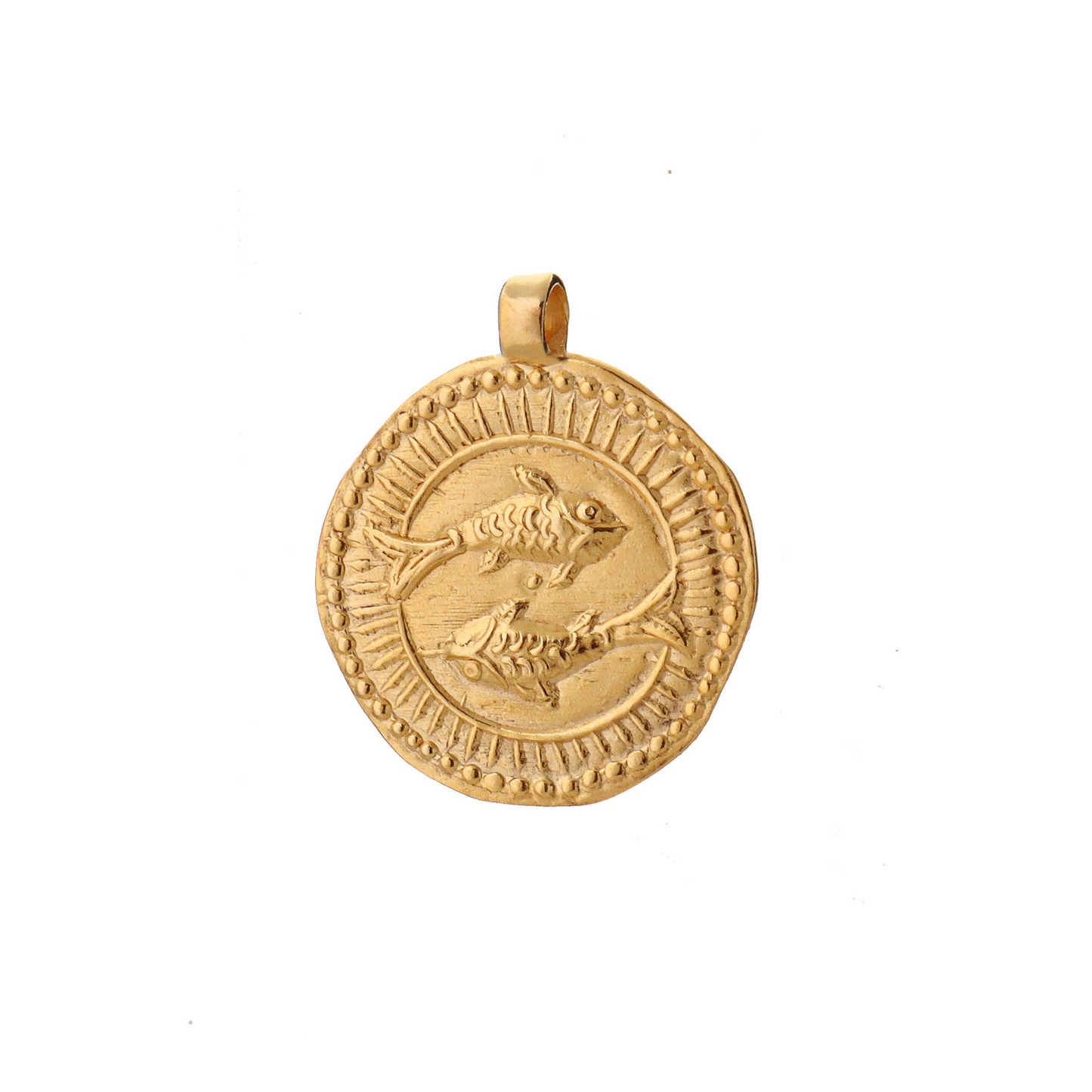 A gold charm depicting two fish in front of a full sun, a replica of an ancient coin used during the reign of the Mughal Empire. This charm represents the Zodiac sign of Pisces.
