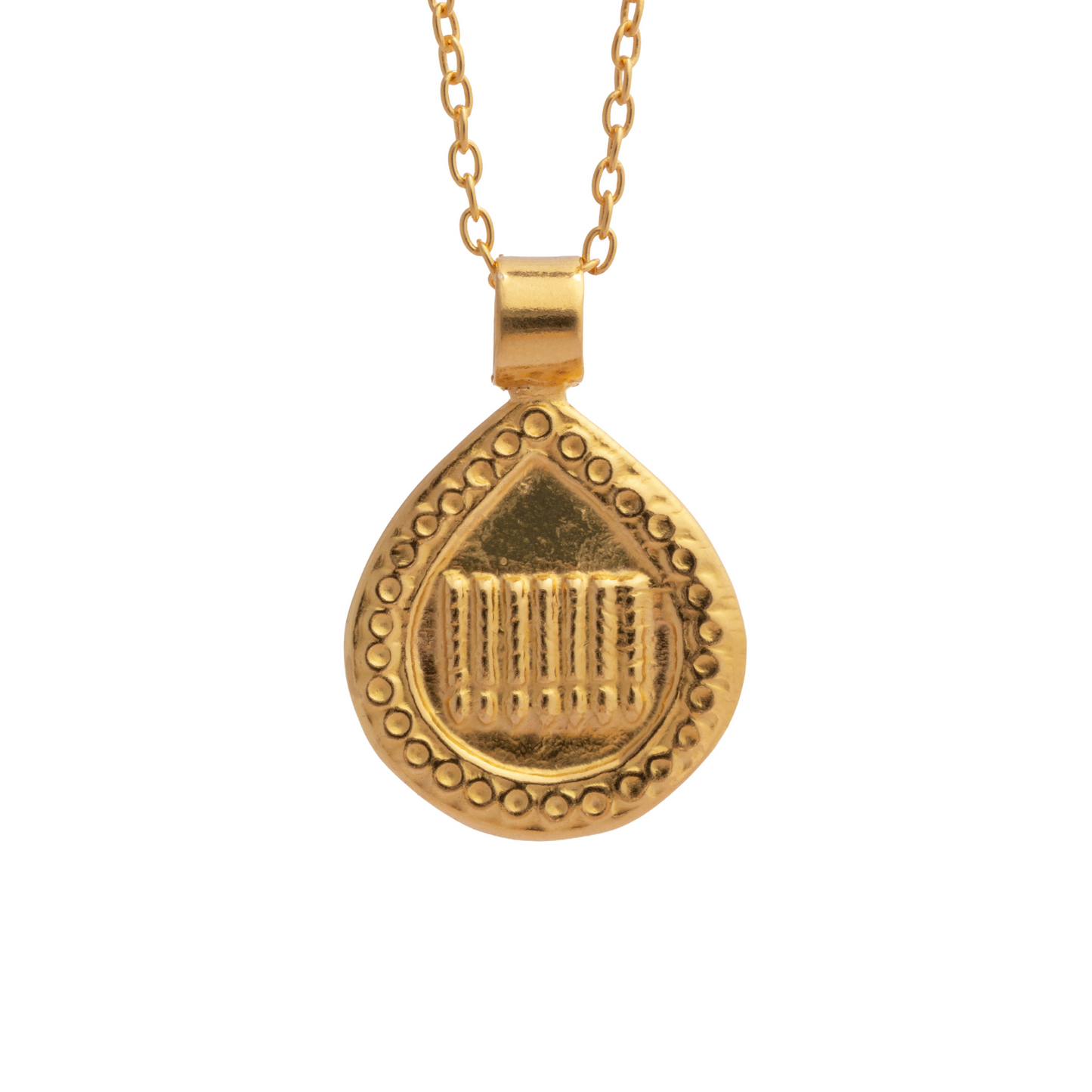 Dainty gold Sisterhood Goddess charm pendant with seven vertical bars symbolizing the seven chakras and the Greek myth of the Seven Sisters (Pleiades).